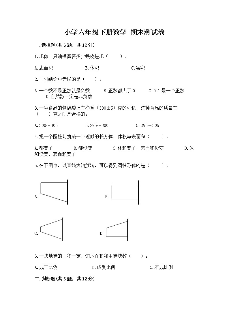 小学六年级下册数学 期末测试卷【模拟题】01