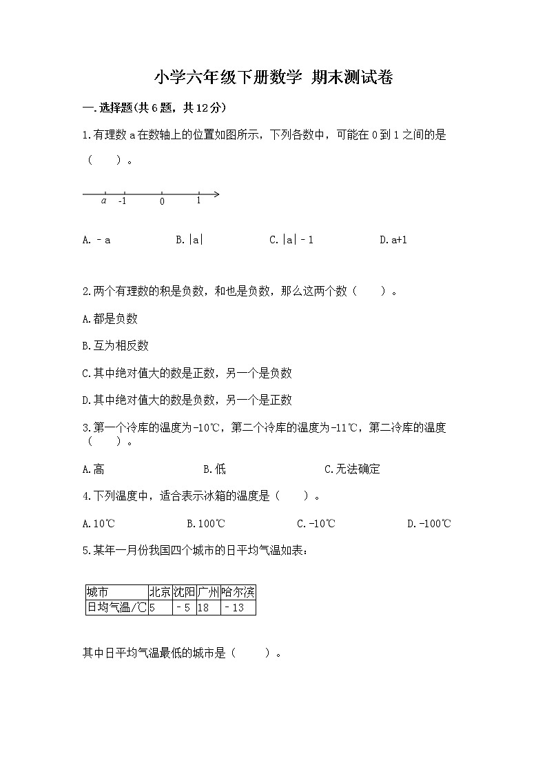 小学六年级下册数学 期末测试卷附精品答案第1页