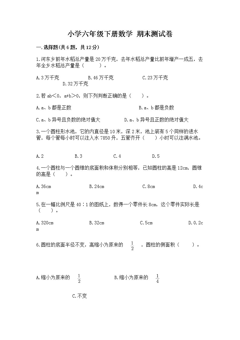 小学六年级下册数学 期末测试卷含完整答案【考点梳理】第1页