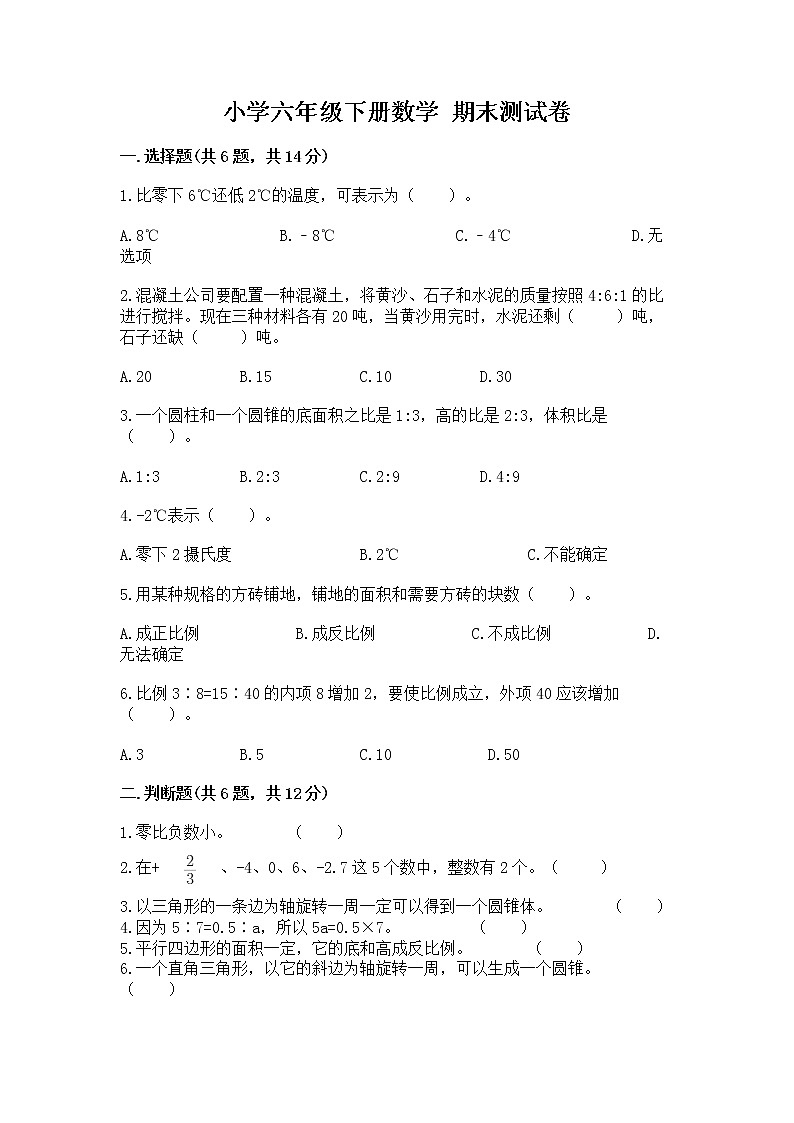 小学六年级下册数学 期末测试卷精品【典优】第1页