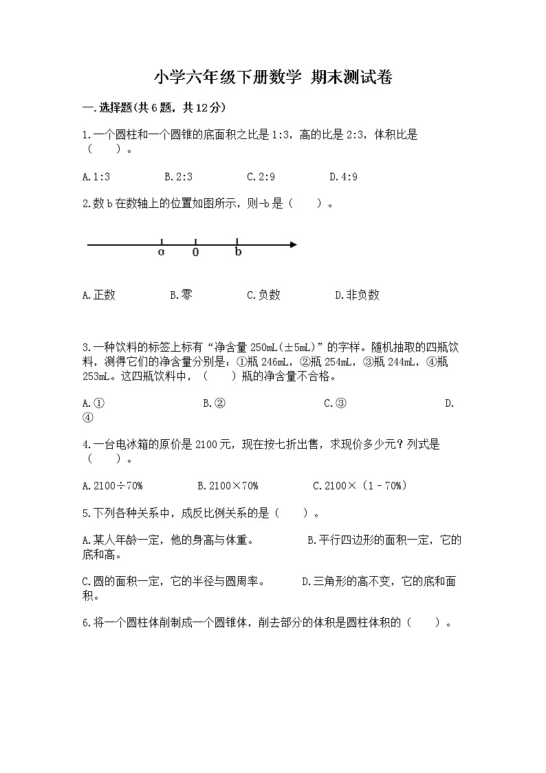 小学六年级下册数学 期末测试卷及完整答案【夺冠】第1页