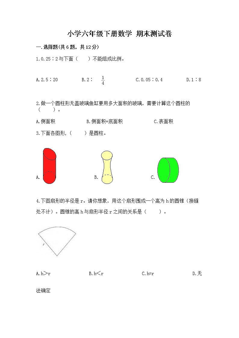 小学六年级下册数学 期末测试卷可打印第1页
