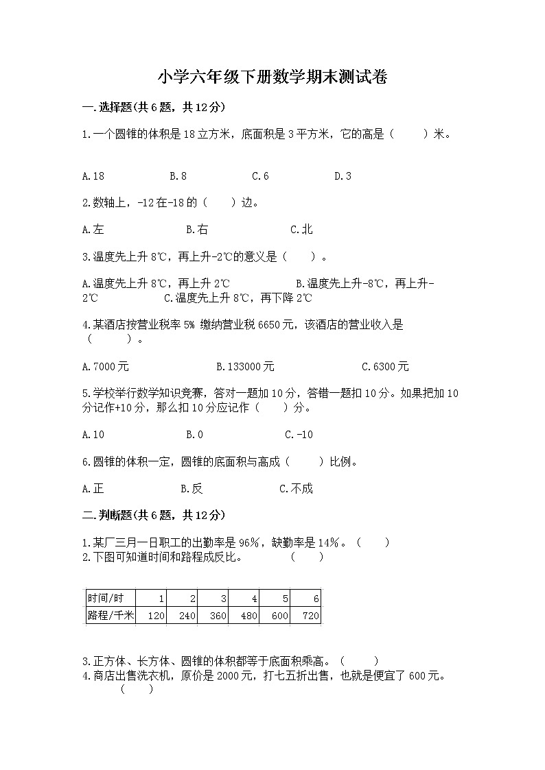 小学六年级下册数学期末测试卷【重点班】第1页