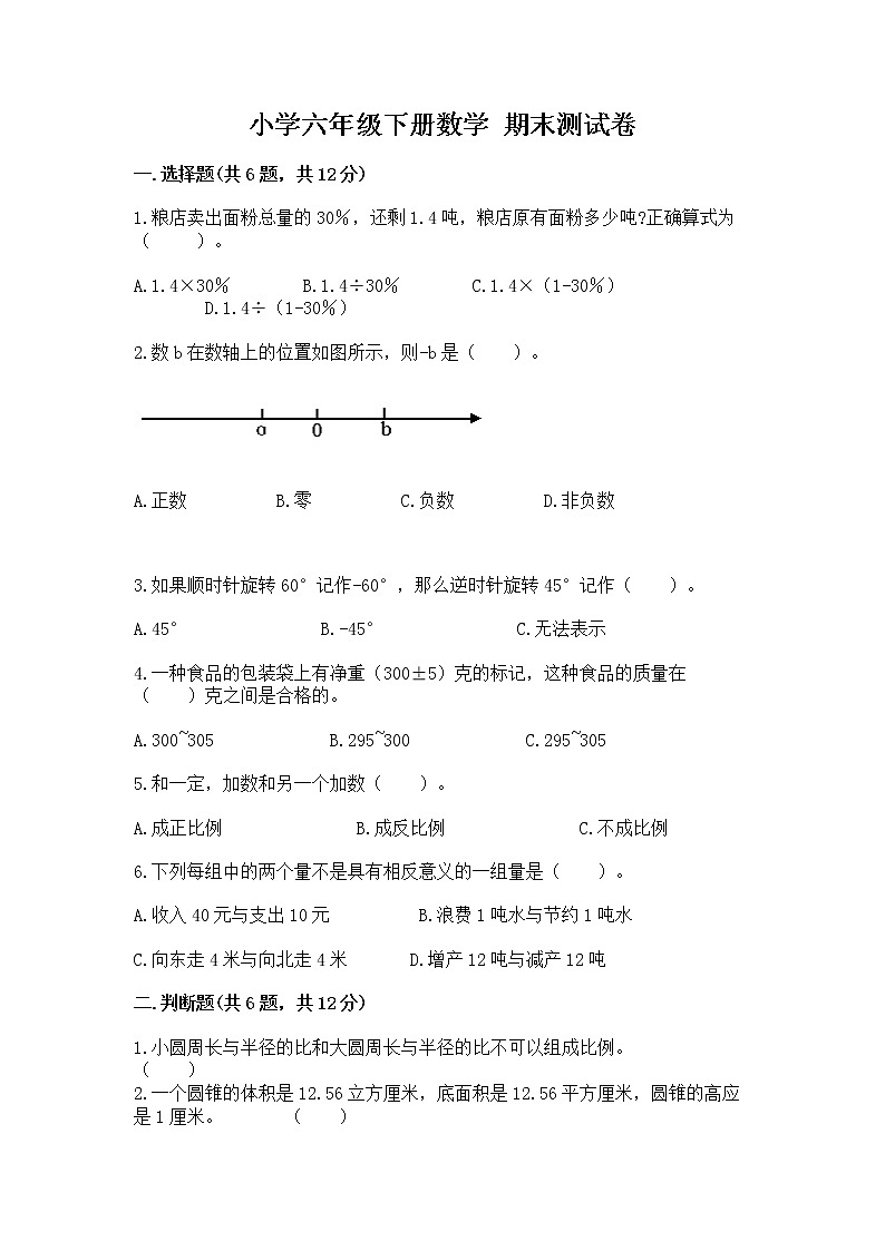 小学六年级下册数学 期末测试卷精品（名校卷）第1页