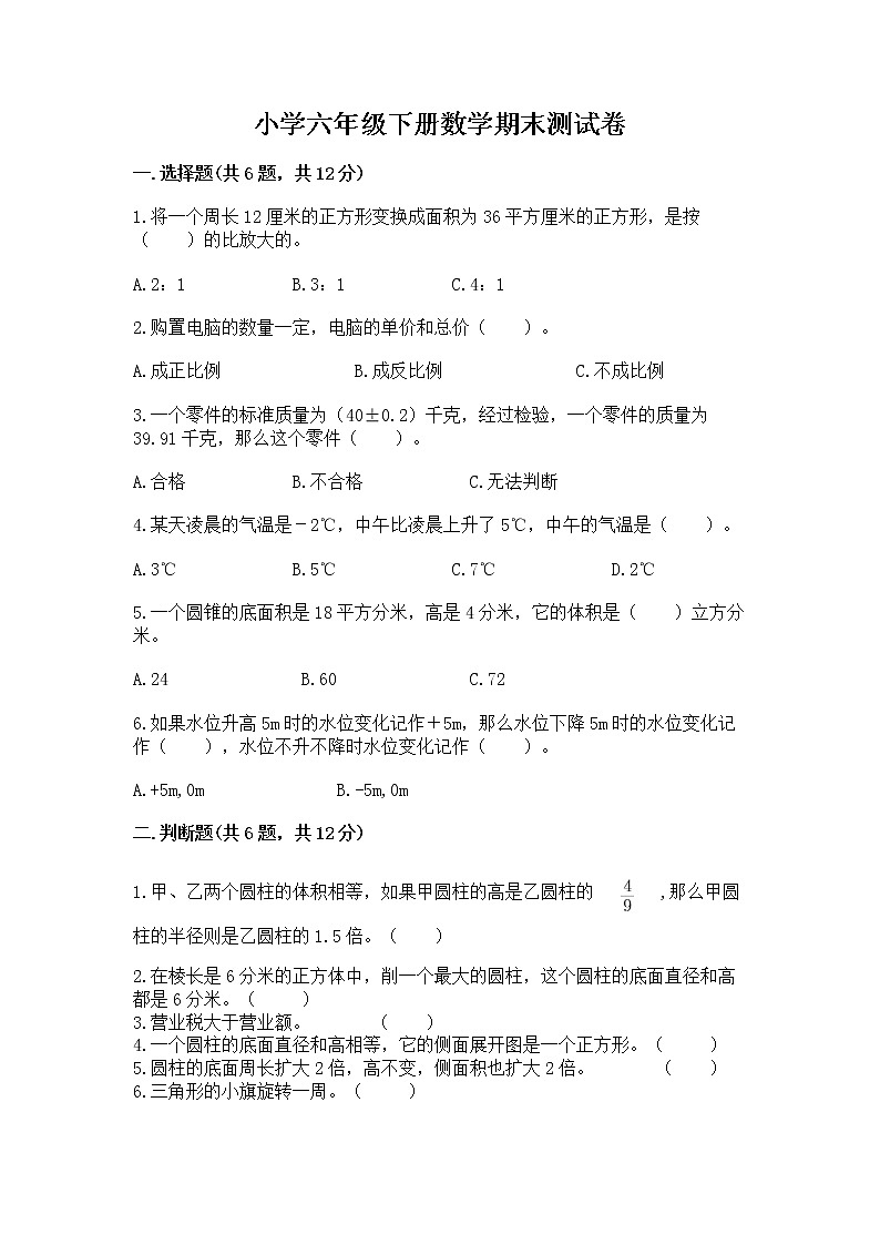 小学六年级下册数学期末测试卷带答案（轻巧夺冠）01