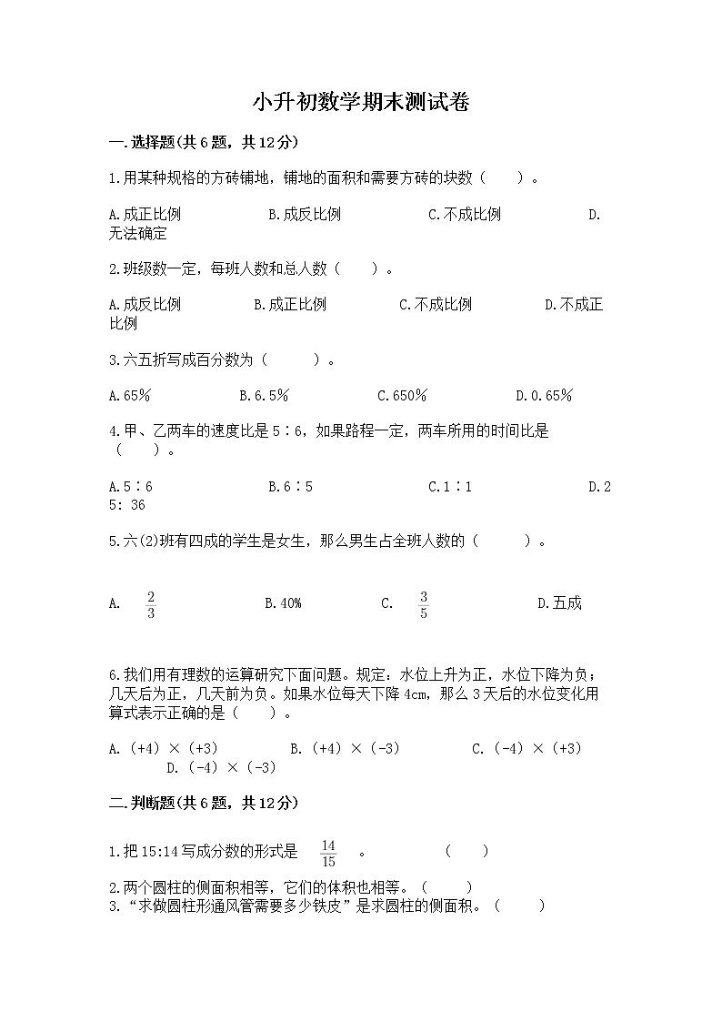 小升初数学期末测试卷（达标题）第1页