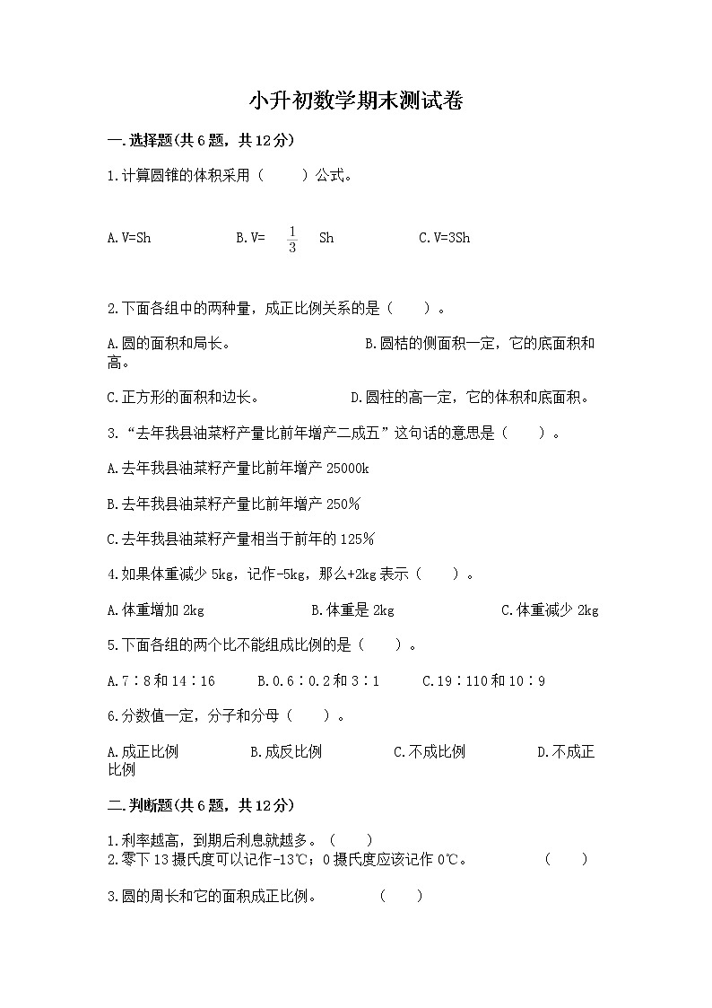 小升初数学期末测试卷带答案（达标题）01