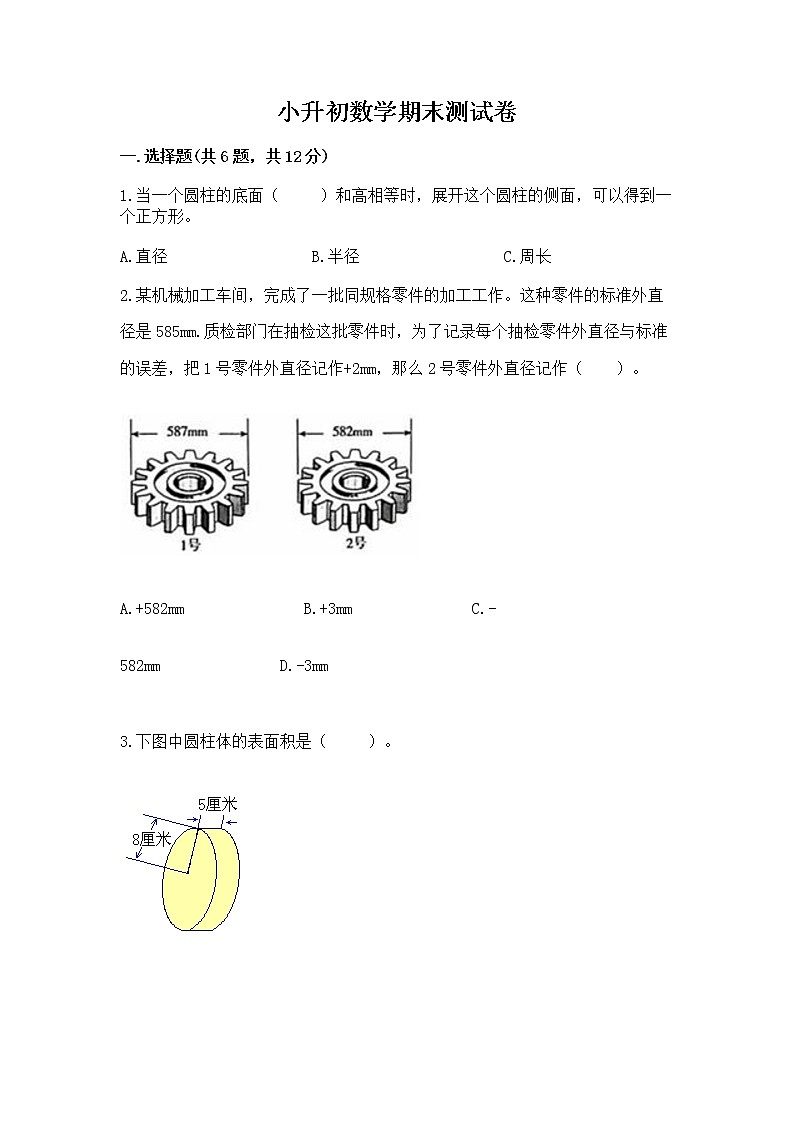 小升初数学期末测试卷附参考答案（达标题）第1页