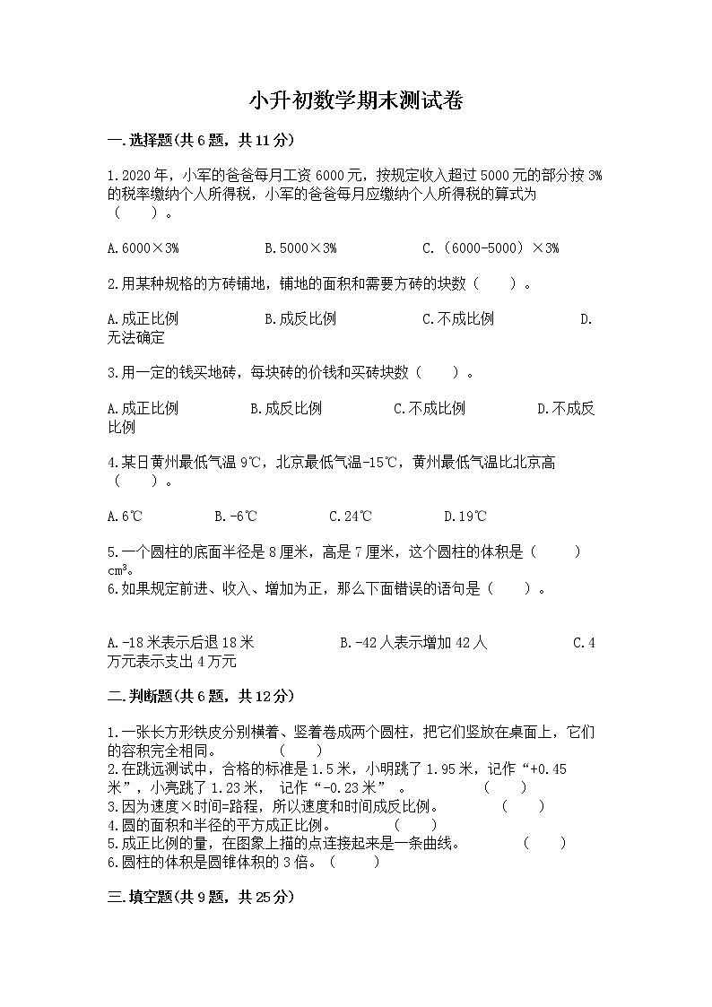 小升初数学期末测试卷带答案（培优b卷）第1页