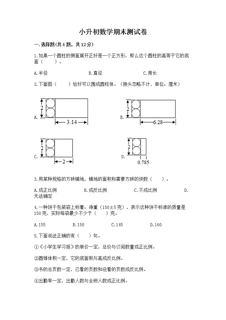 小升初数学期末测试卷带答案（实用）01