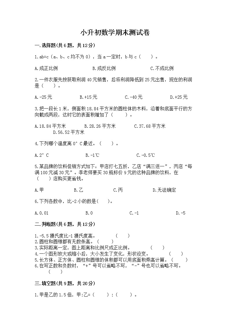 小升初数学期末测试卷【全优】第1页