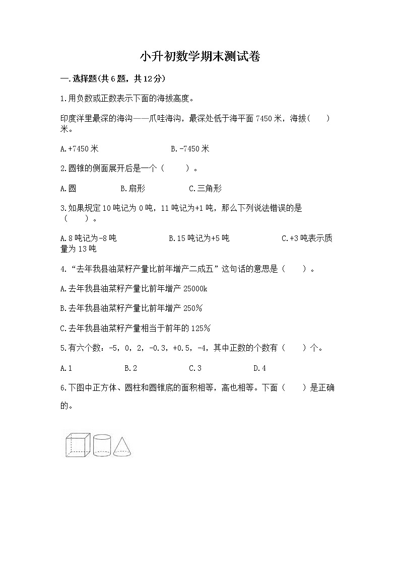 小升初数学期末测试卷附参考答案（能力提升）第1页