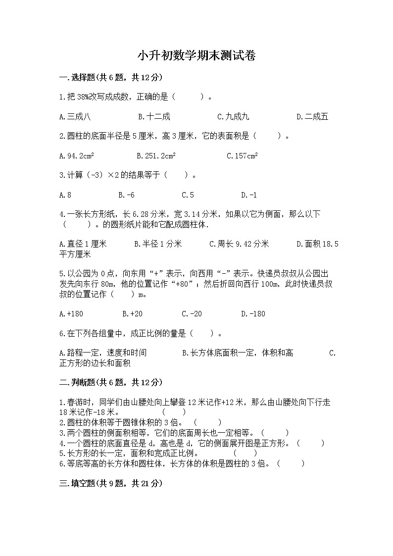 小升初数学期末测试卷附参考答案（培优）第1页