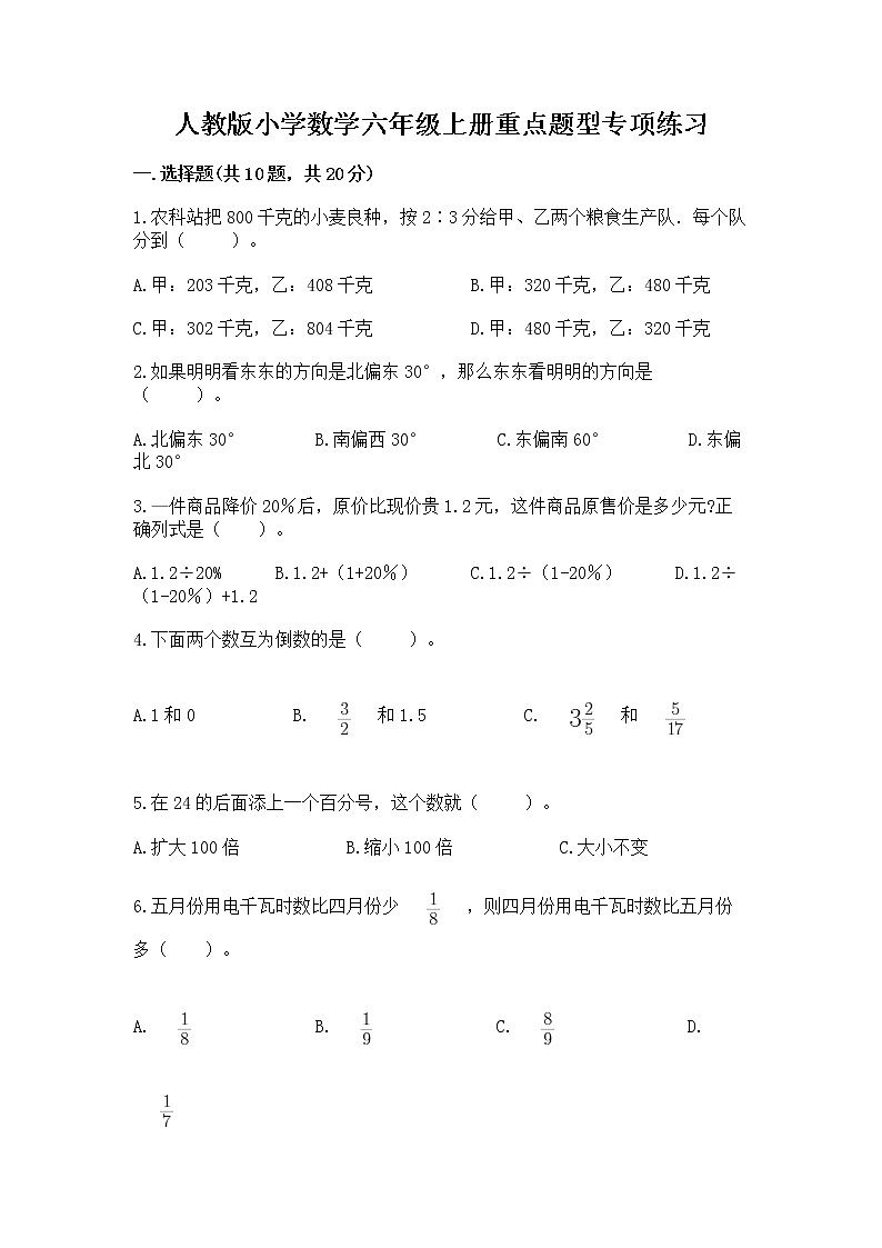 人教版小学数学六年级上册重点题型专项练习加答案01