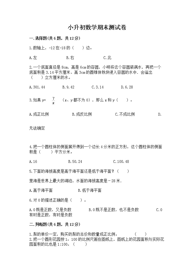 小升初数学期末测试卷（夺冠系列）第1页
