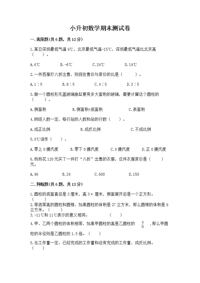 小升初数学期末测试卷（网校专用）word版第1页