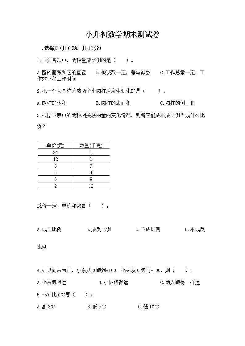 小升初数学期末测试卷【巩固】第1页