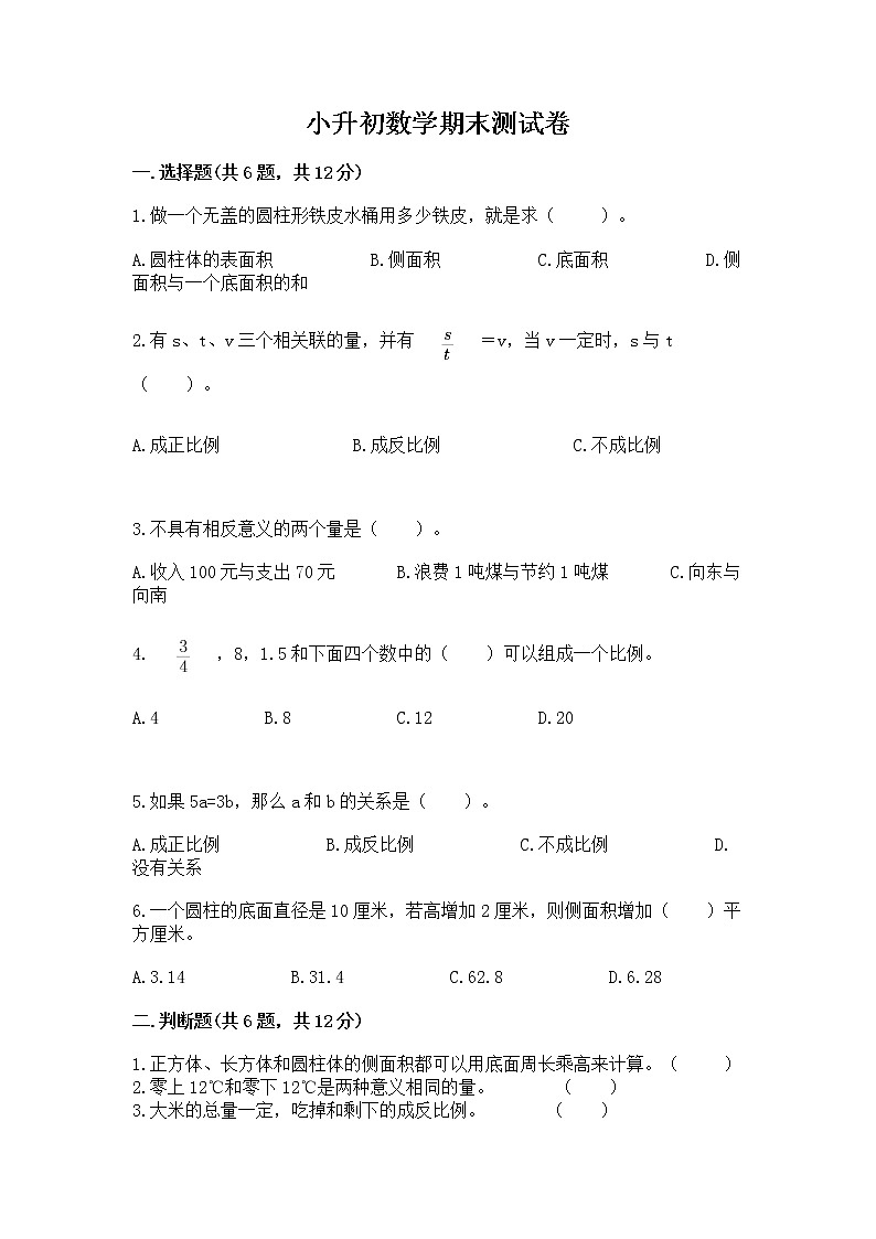 小升初数学期末测试卷（巩固）word版第1页