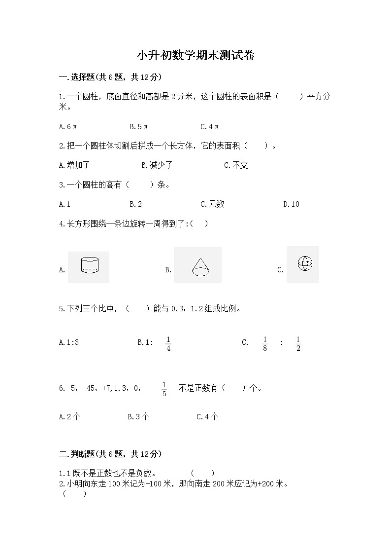 小升初数学期末测试卷（培优a卷）第1页