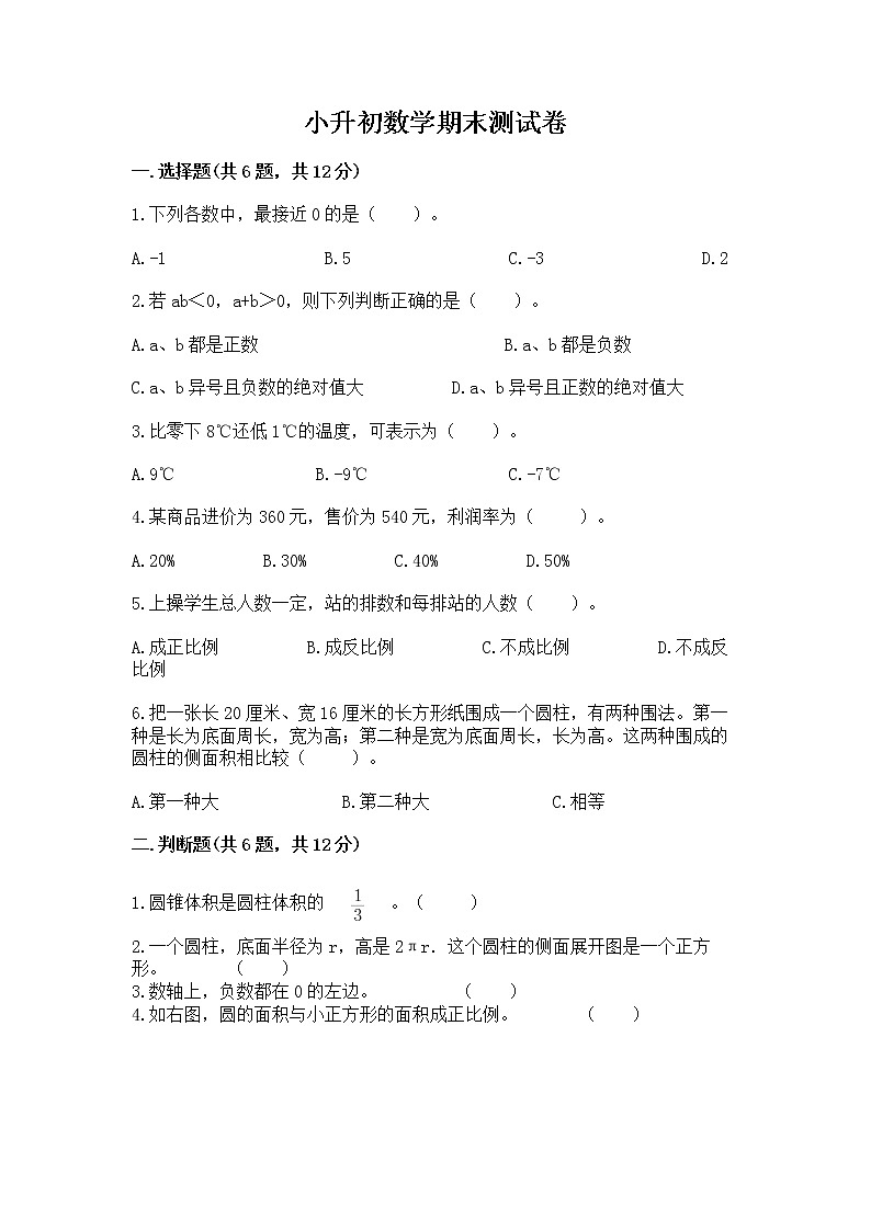 小升初数学期末测试卷（易错题）word版第1页