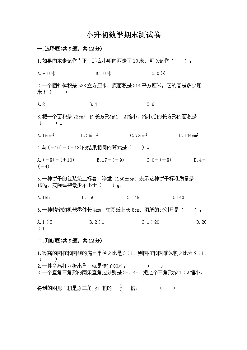 小升初数学期末测试卷（夺冠系列）word版01