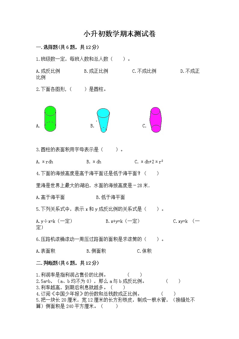 小升初数学期末测试卷（综合卷）第1页