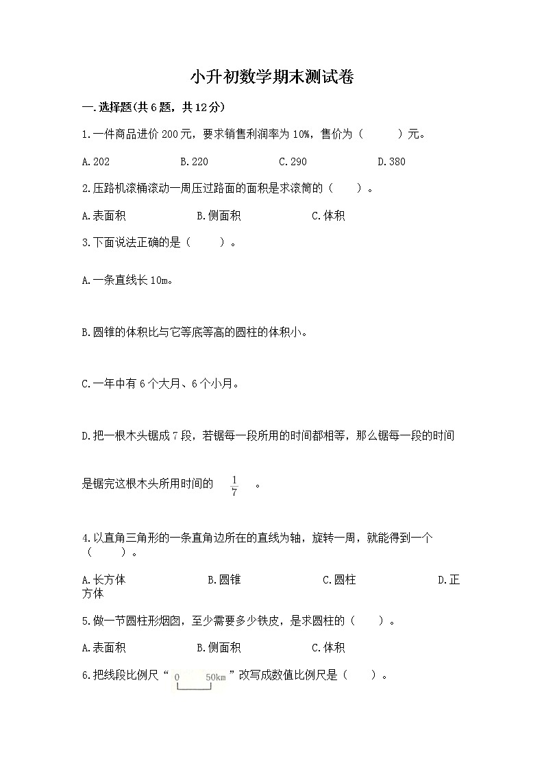 小升初数学期末测试卷含答案【巩固】第1页