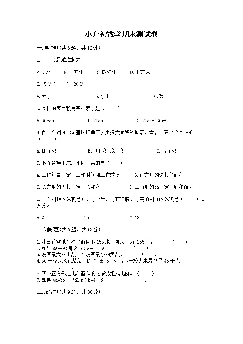 小升初数学期末测试卷含完整答案（考点梳理）第1页