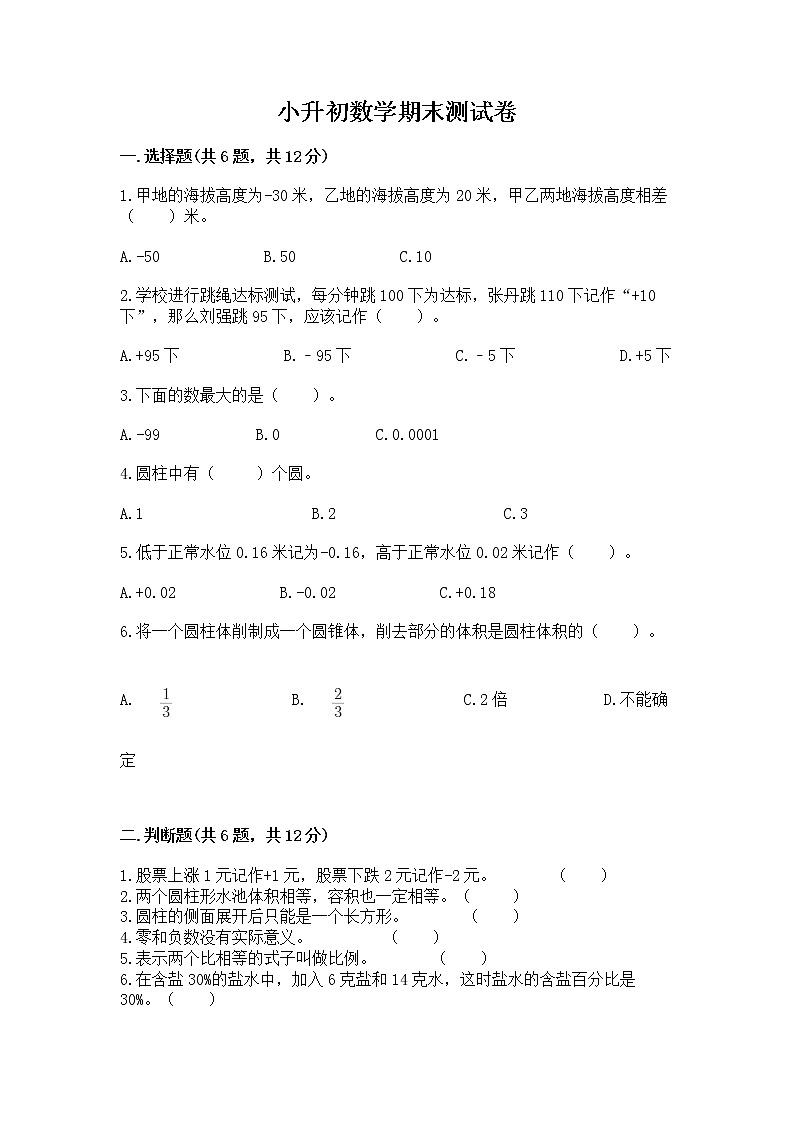 小升初数学期末测试卷含完整答案【典优】第1页