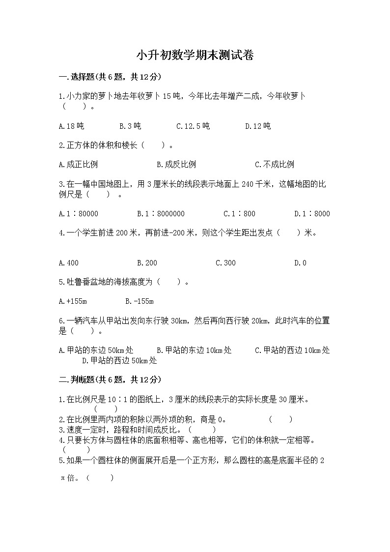 小升初数学期末测试卷带答案（a卷）01
