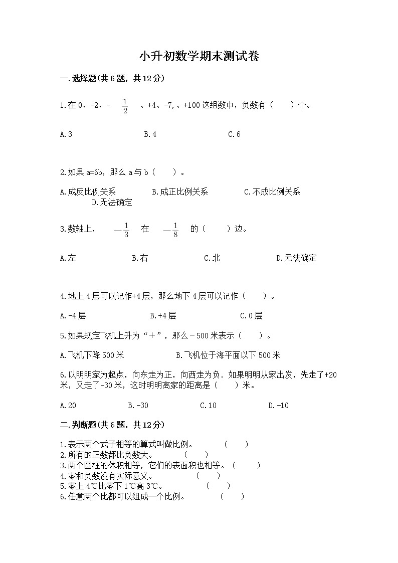 小升初数学期末测试卷含完整答案（名师系列）第1页