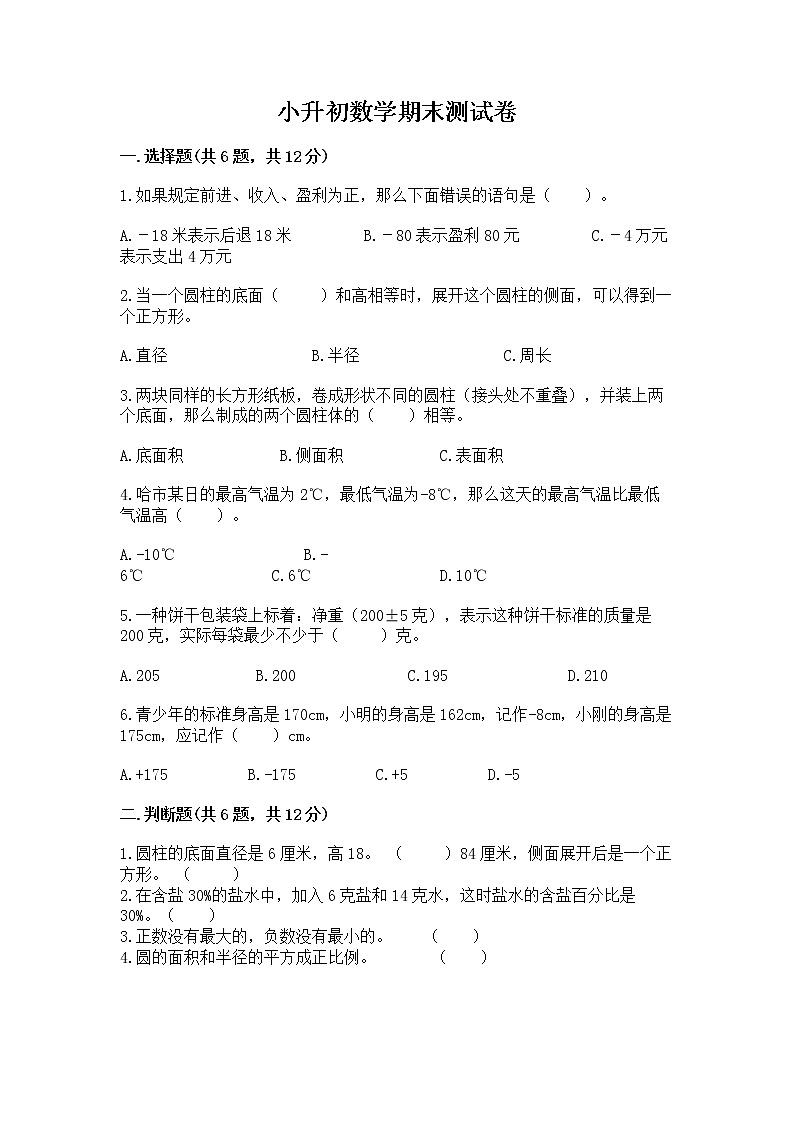 小升初数学期末测试卷含完整答案【有一套】第1页