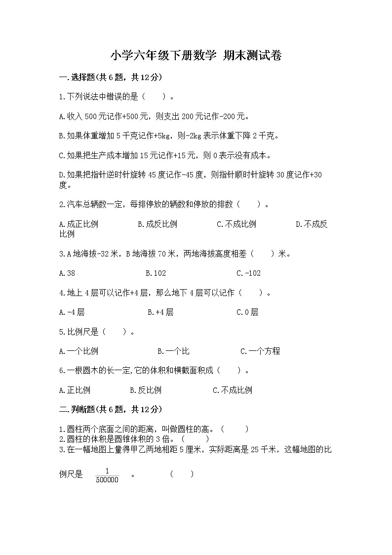 小学六年级下册数学 期末测试卷【考点精练】第1页