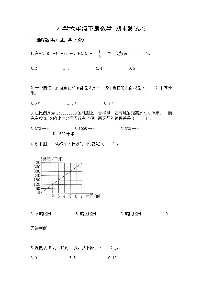 小学六年级下册数学 期末测试卷【精品】第1页