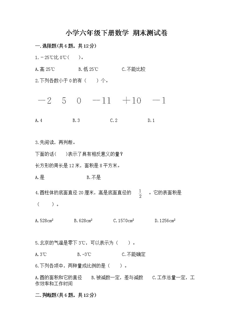小学六年级下册数学 期末测试卷【模拟题】01