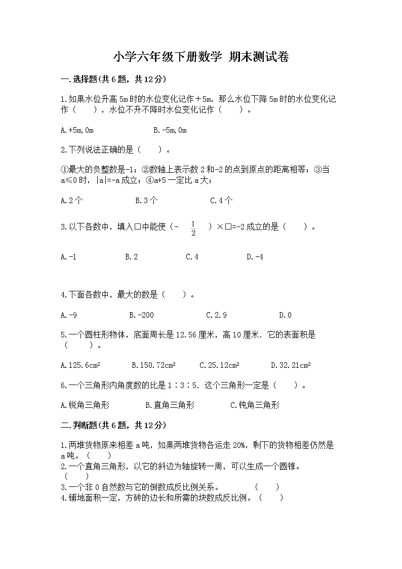 小学六年级下册数学 期末测试卷（历年真题）01