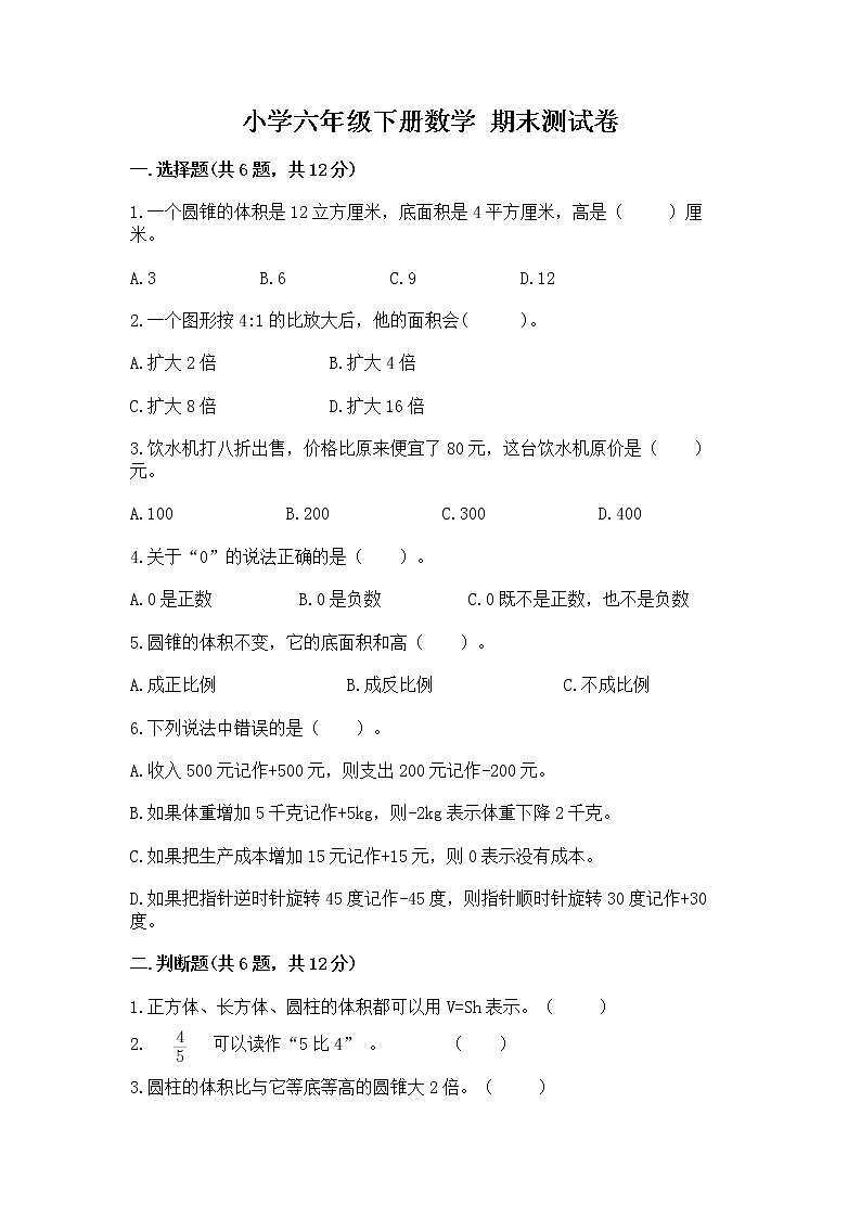 小学六年级下册数学 期末测试卷精品（名师系列）第1页