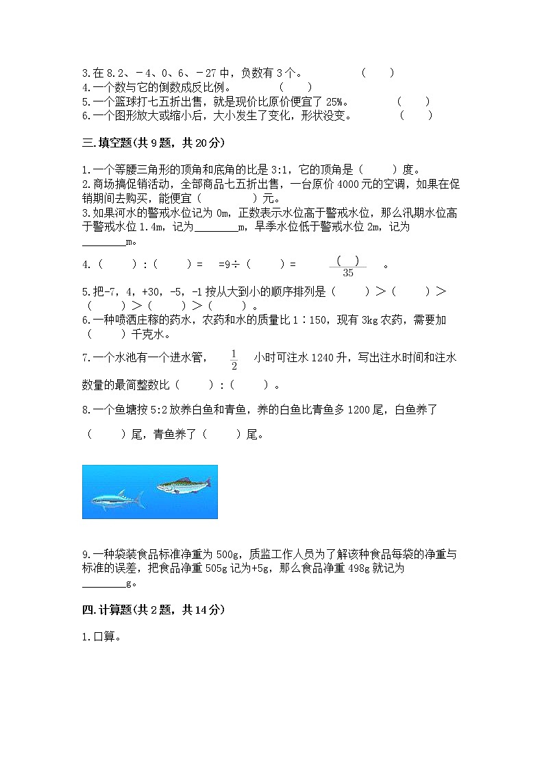 小学六年级下册数学 期末测试卷精品【网校专用】第2页