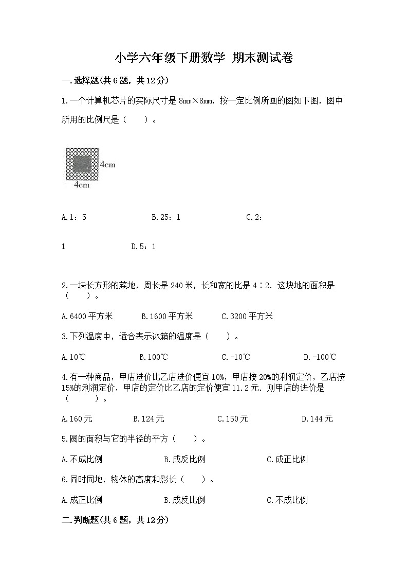 小学六年级下册数学 期末测试卷附参考答案【考试直接用】第1页