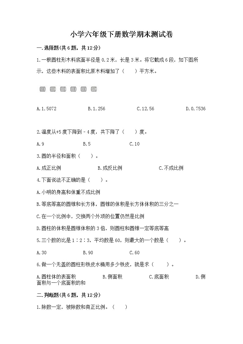 小学六年级下册数学期末测试卷附参考答案（模拟题）01