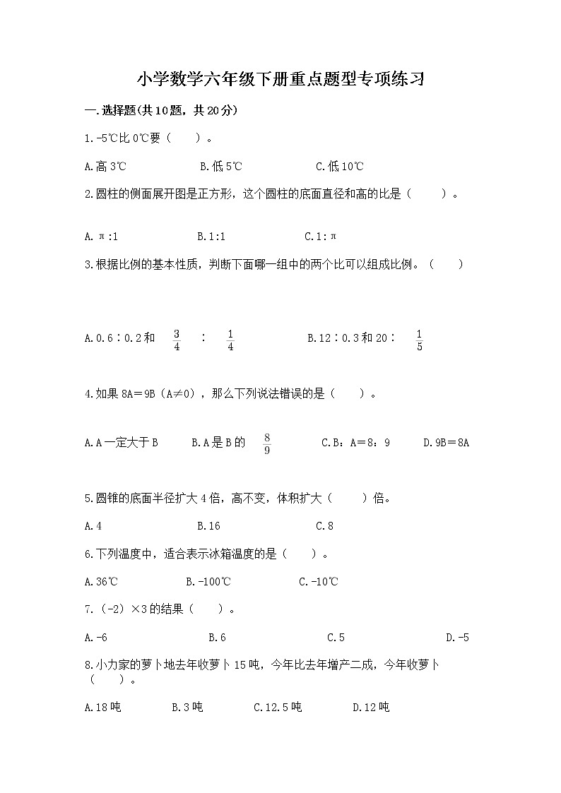 小学数学六年级下册重点题型专项练习第1页