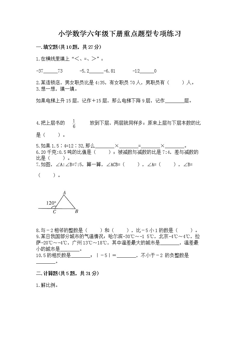 小学数学六年级下册重点题型专项练习第1页