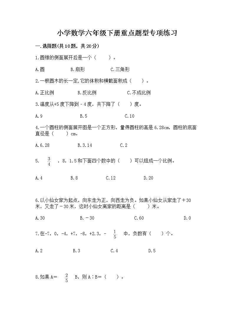 小学数学六年级下册重点题型专项练习01