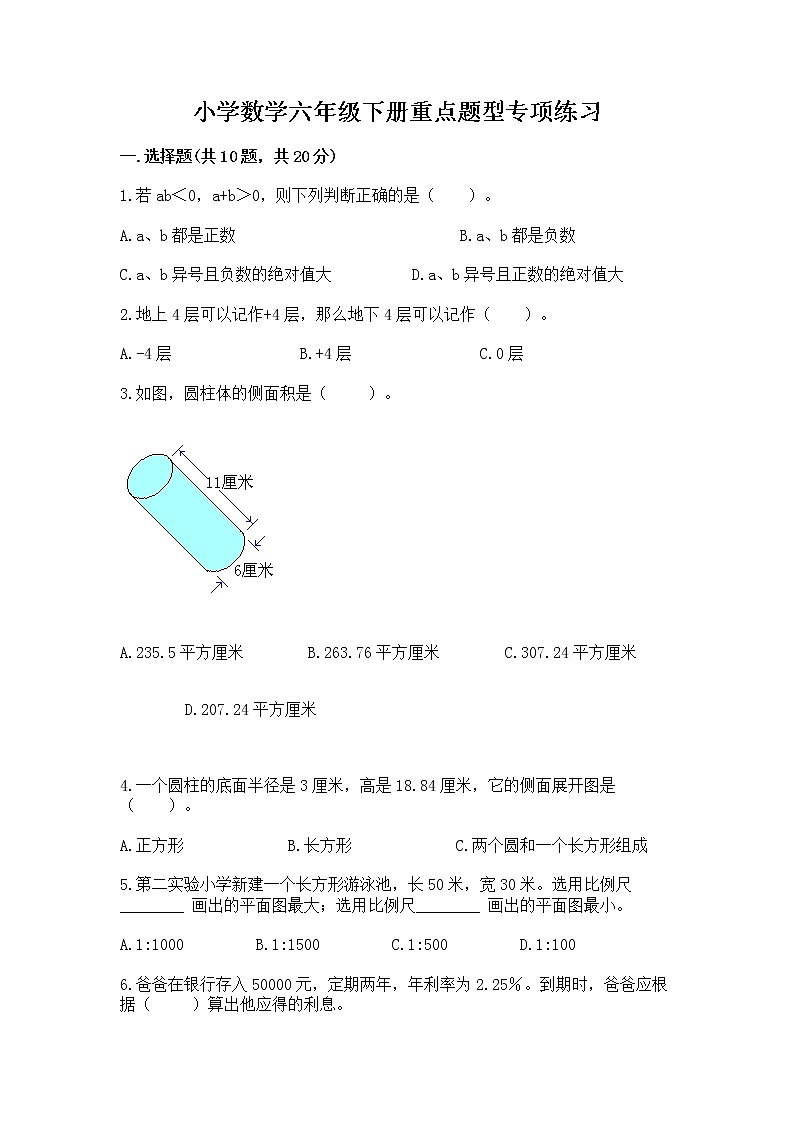 小学数学六年级下册重点题型专项练习01