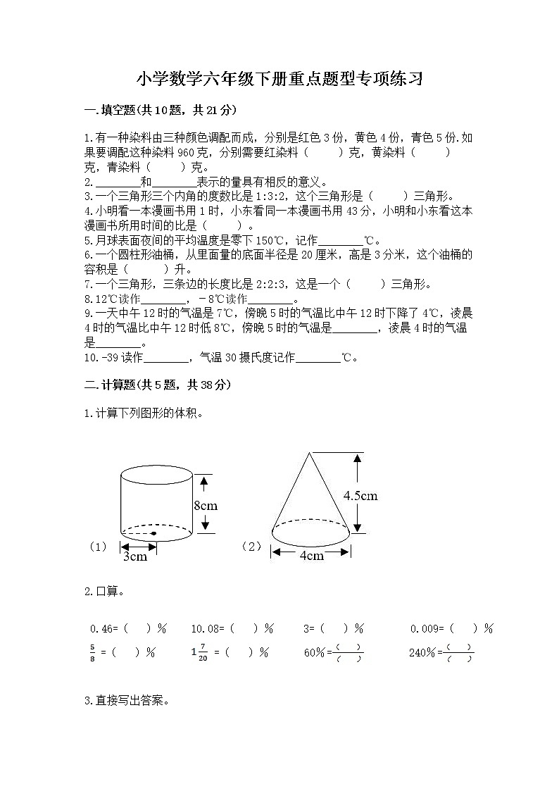 小学数学六年级下册重点题型专项练习word版01