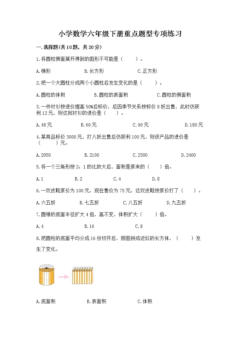 小学数学六年级下册重点题型专项练习附答案【培优A卷】01