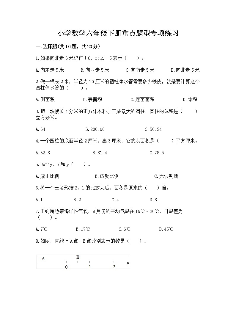 小学数学六年级下册重点题型专项练习附答案01