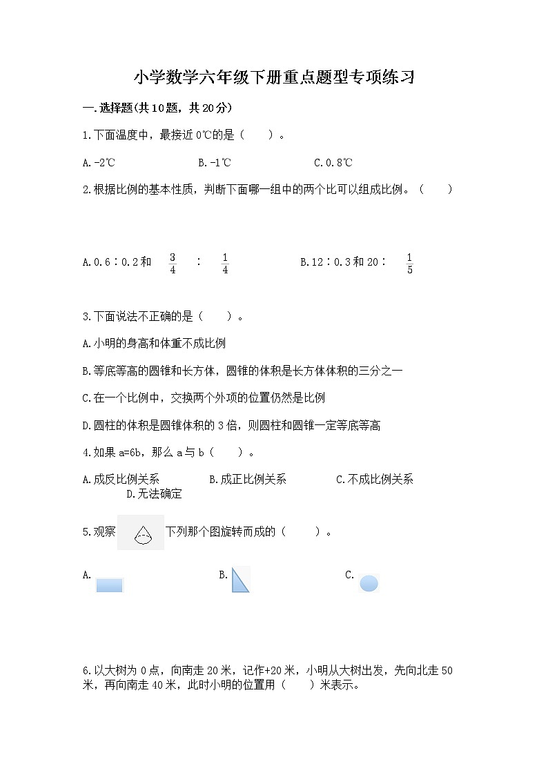 小学数学六年级下册重点题型专项练习含答案01