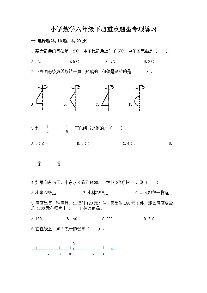 小学数学六年级下册重点题型专项练习含答案01