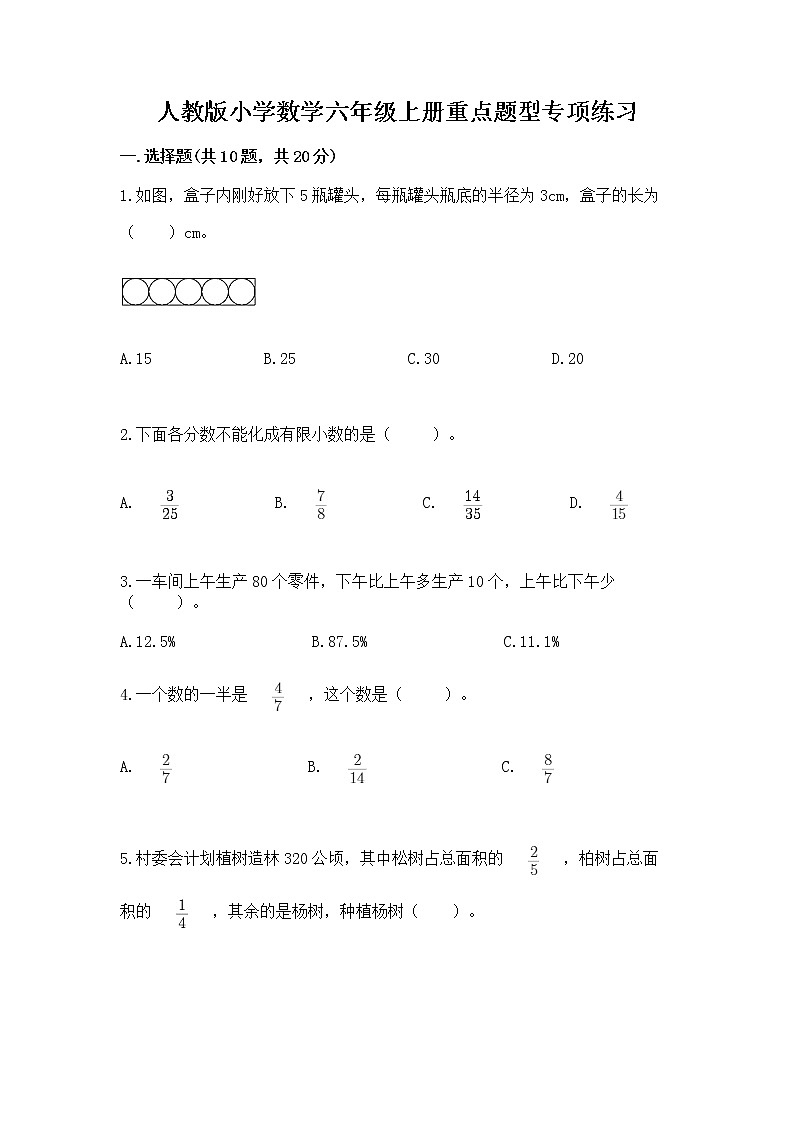 人教版小学数学六年级上册重点题型专项练习（综合题）word版01
